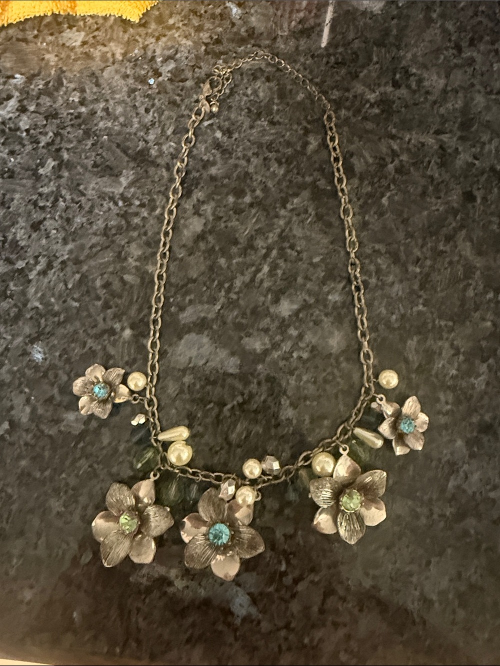 Floral Statement Necklace with Blue-Green Crystal Centers